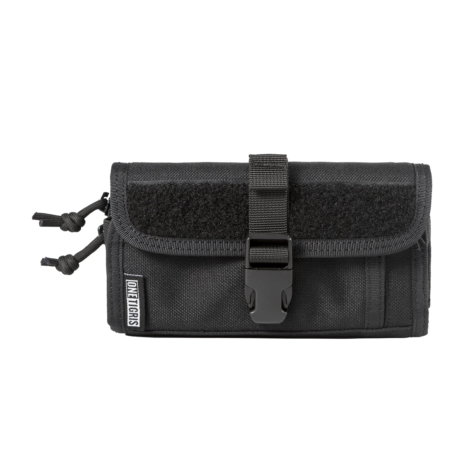 Black tactical pouch with a buckle on a white background