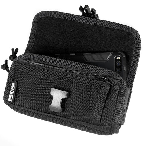 Black tactical phone case with a phone inside on a white background
