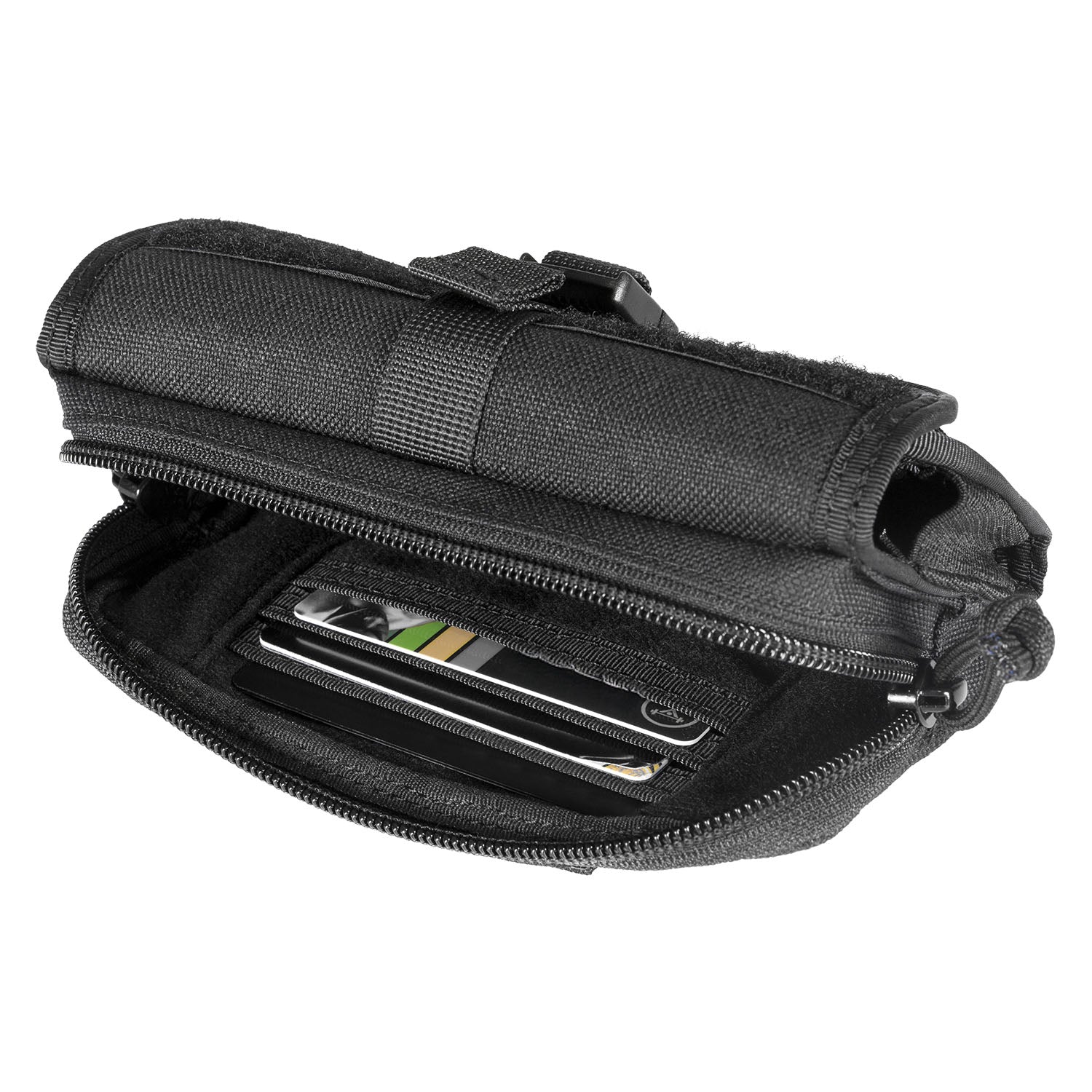 Black tactical pouch with a zipper pocket on a white background
