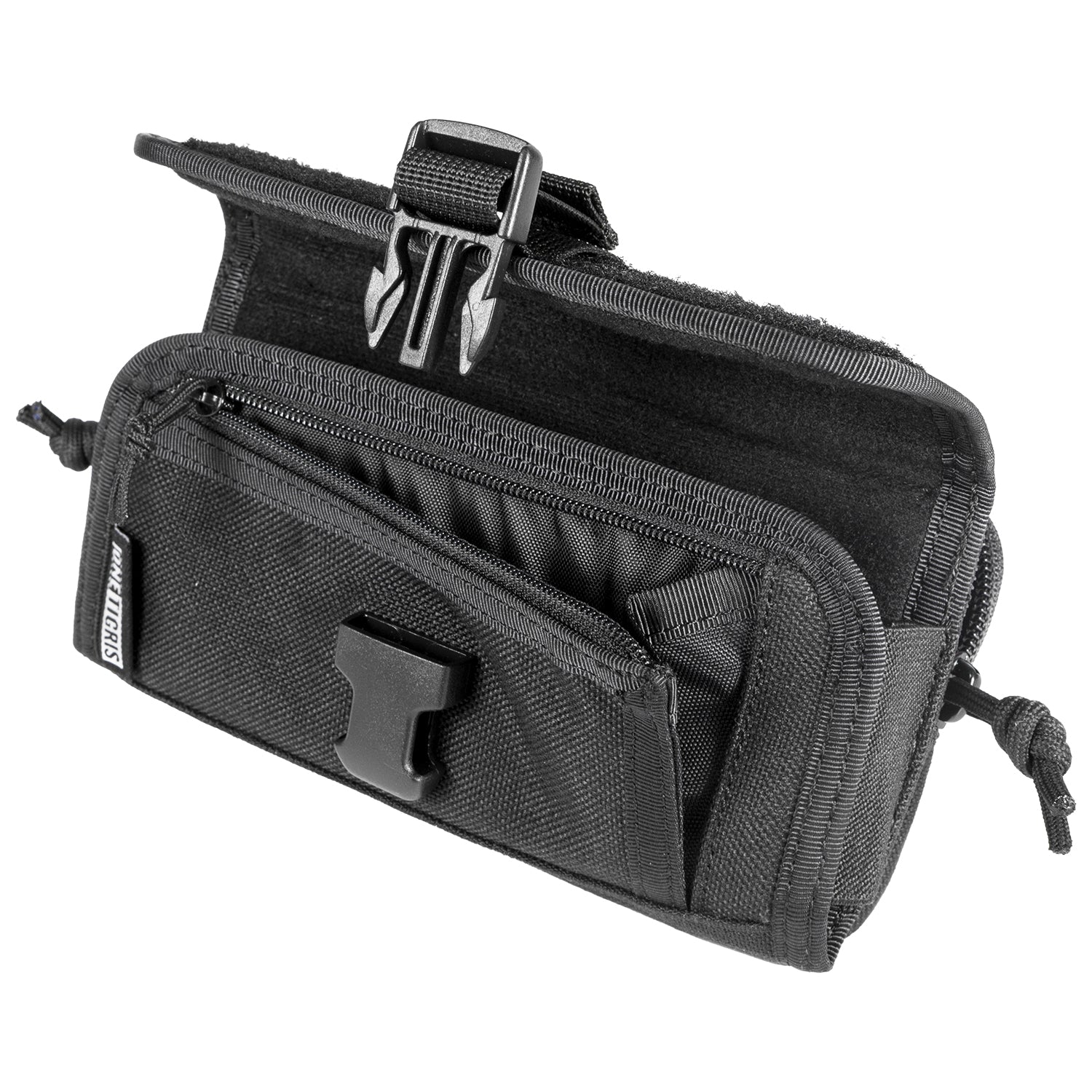 Black tactical pouch with multiple compartments on a white background