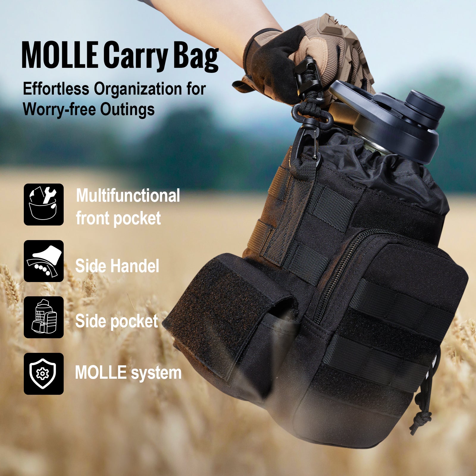 64oz Tactical Water Bottle Set | All-Day Carry with MOLLE Sleeve & 3-Lid System