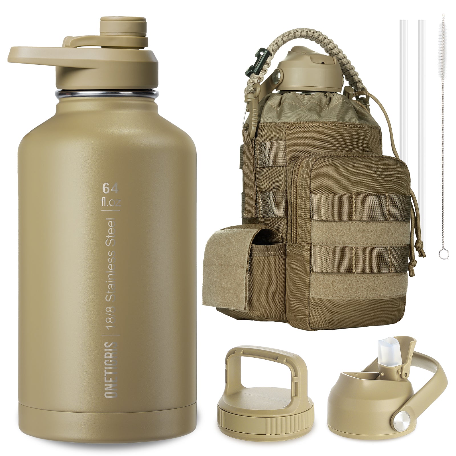 64oz Tactical Water Bottle Set | All-Day Carry with MOLLE Sleeve & 3-Lid System