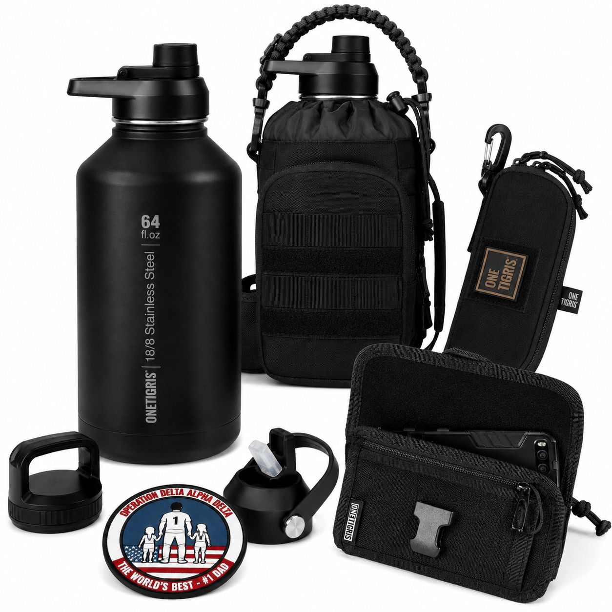 OneTigris Father's Day Tactical Gift Set B | 64oz Water Bottle + Phone Pouch + Glasses Case + Limited Edition Patch + Handwritten Card