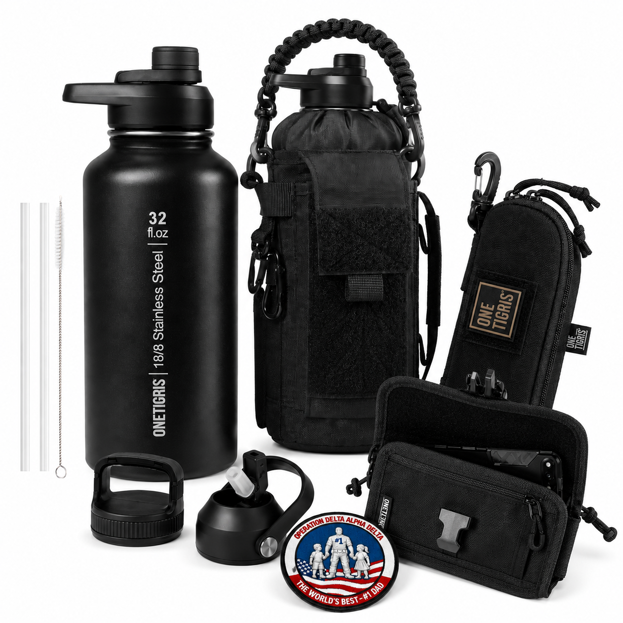 OneTigris Father's Day Tactical Gift Set A | 32oz Water Bottle + Phone Pouch + Glasses Case + Limited Edition Patch + Handwritten Card