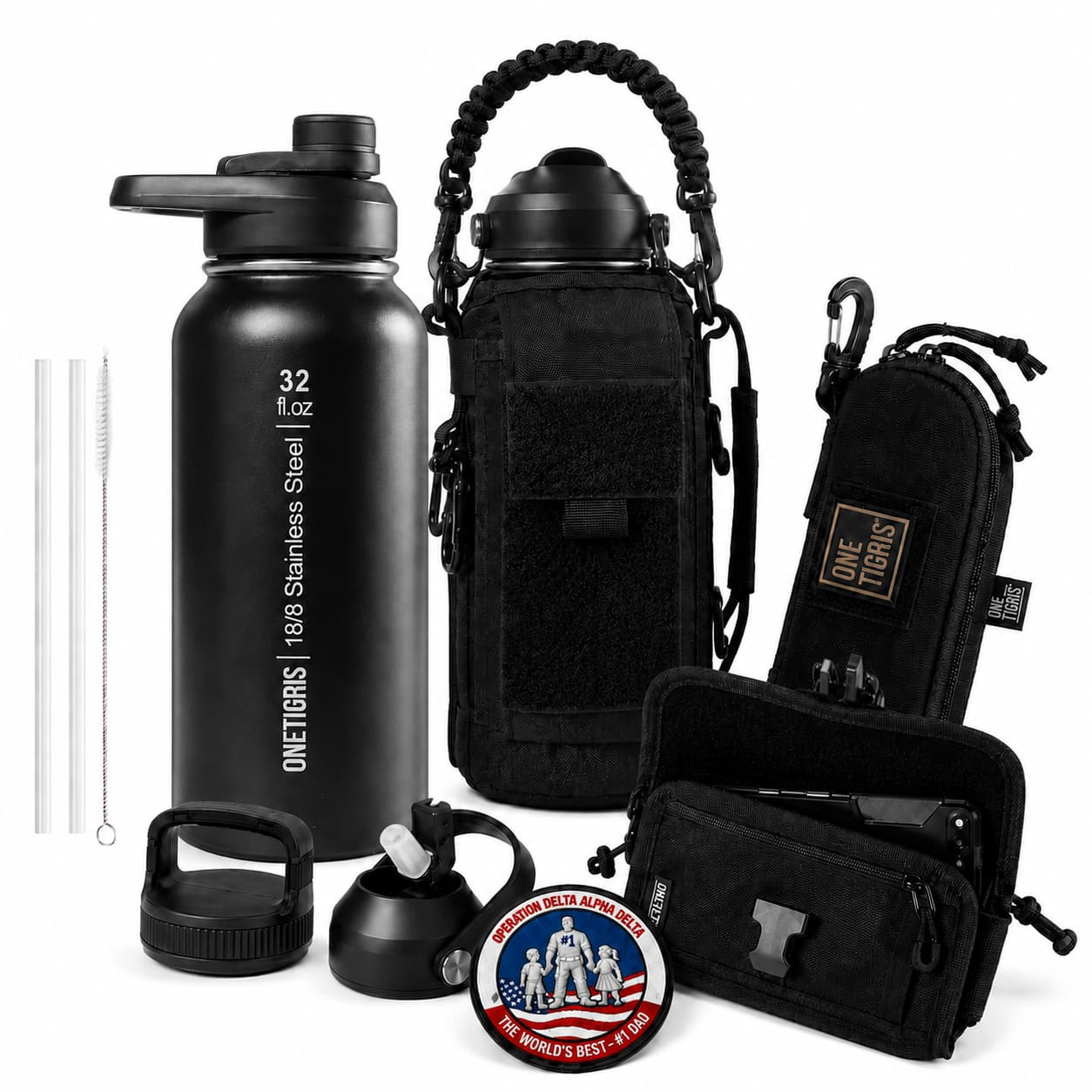 OneTigris Father's Day Tactical Gift Set A | 32oz Water Bottle + Phone Pouch + Glasses Case + Limited Edition Patch + Handwritten Card