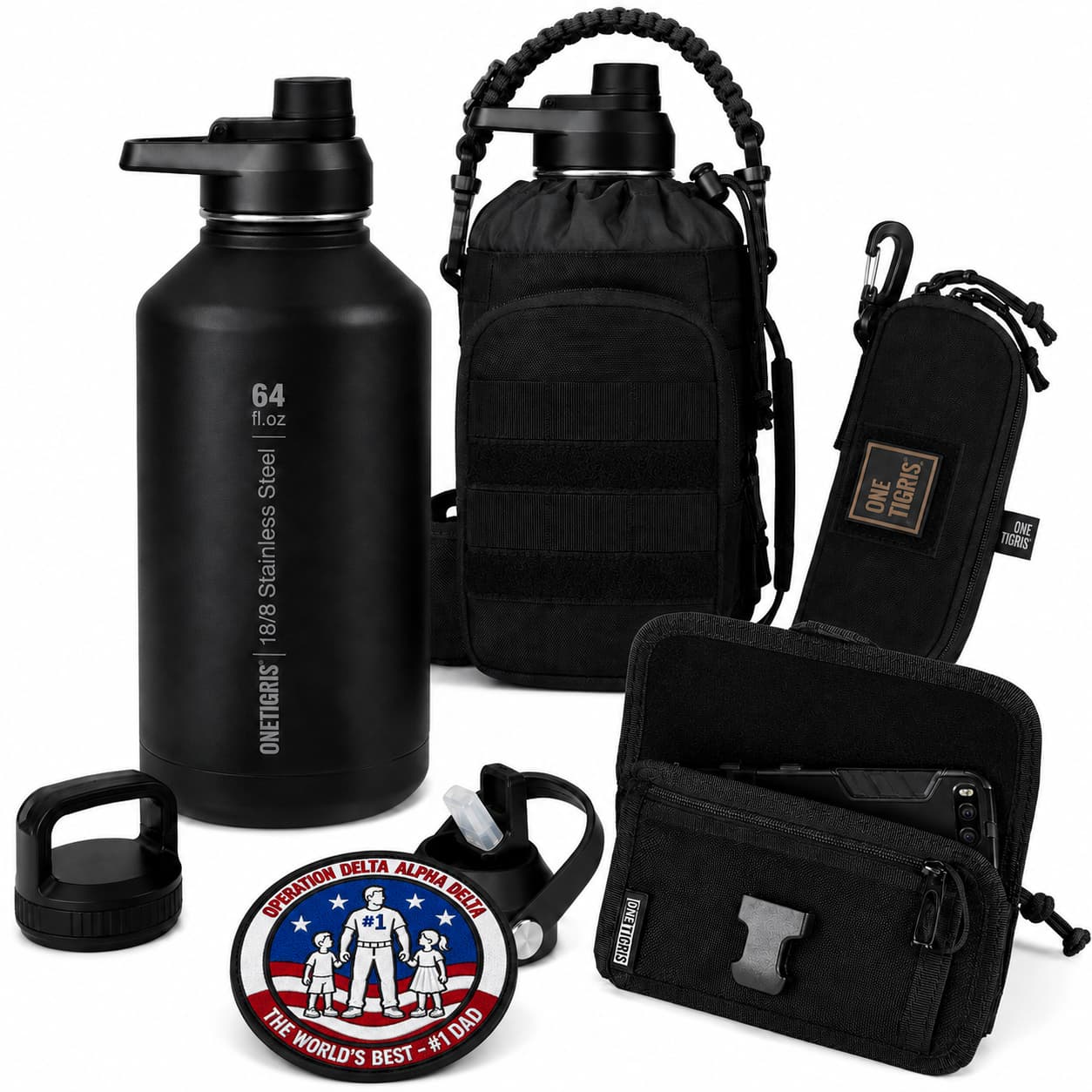 OneTigris Father's Day Tactical Gift Set B | 64oz Water Bottle + Phone Pouch + Glasses Case + Limited Edition Patch + Handwritten Card
