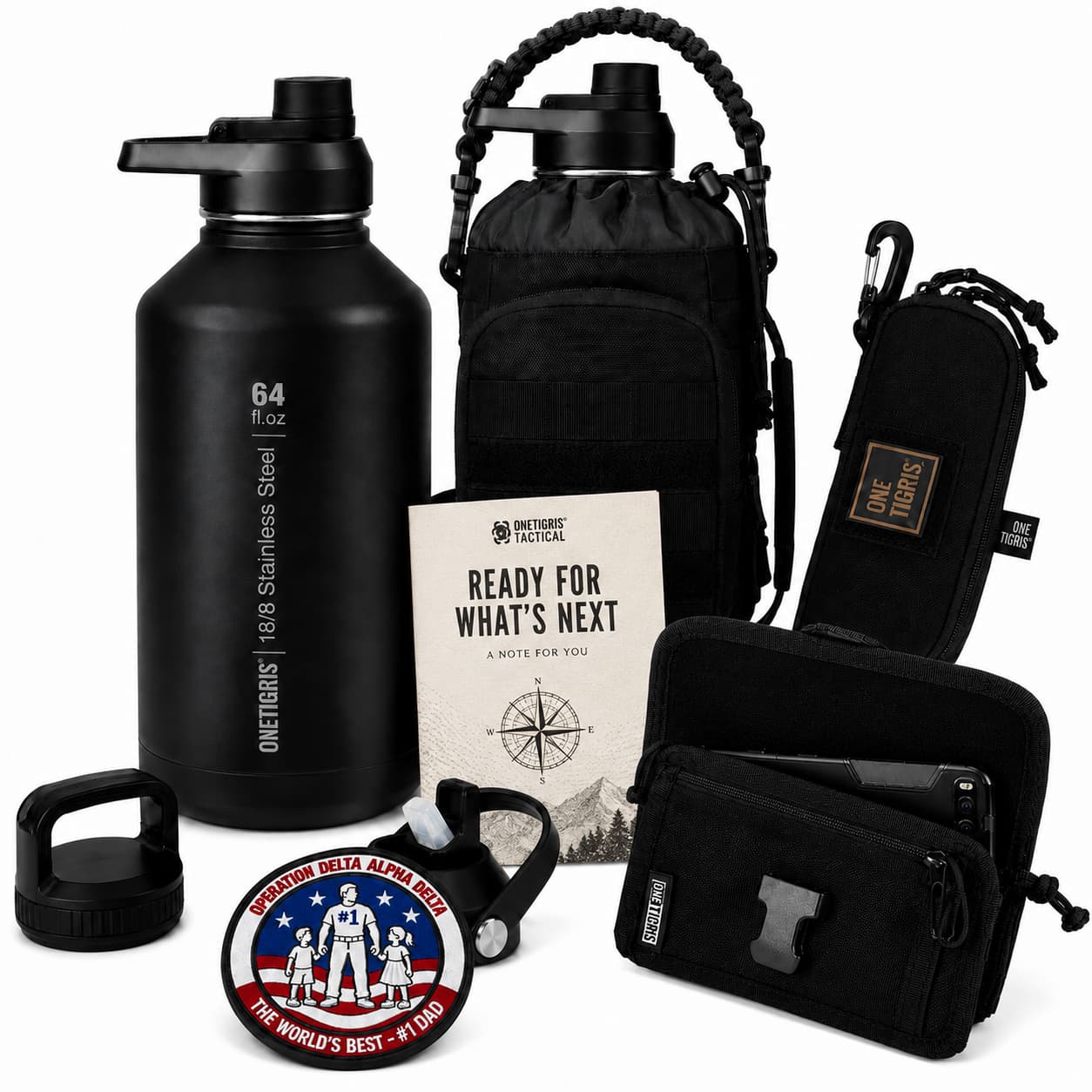 OneTigris Father's Day Tactical Gift Set B | 64oz Water Bottle + Phone Pouch + Glasses Case + Limited Edition Patch + Handwritten Card