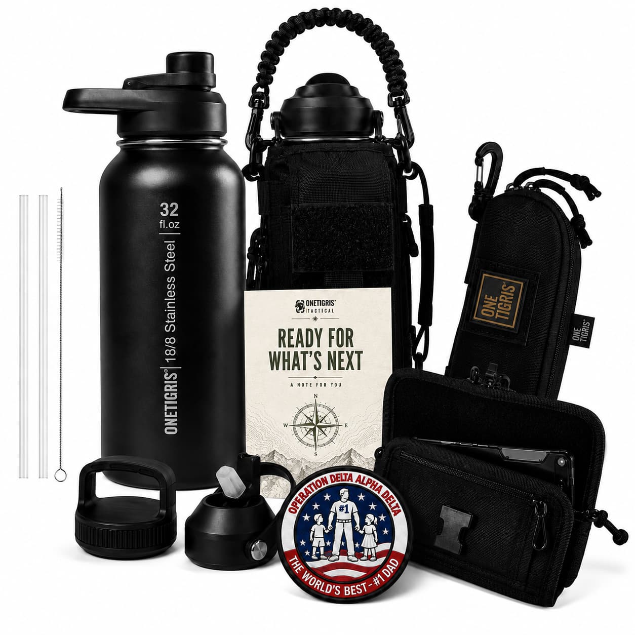 OneTigris Father's Day Tactical Gift Set A | 32oz Water Bottle + Phone Pouch + Glasses Case + Limited Edition Patch + Handwritten Card