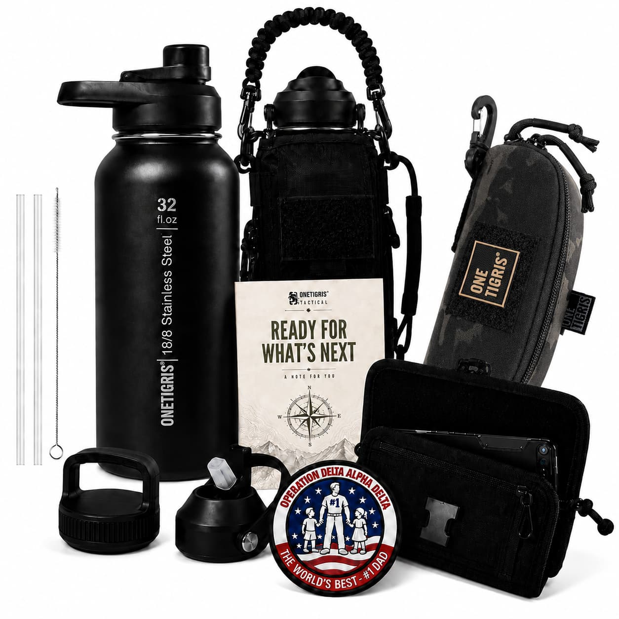 OneTigris Father's Day Tactical Gift Set A | 32oz Water Bottle + Phone Pouch + Glasses Case + Limited Edition Patch + Handwritten Card