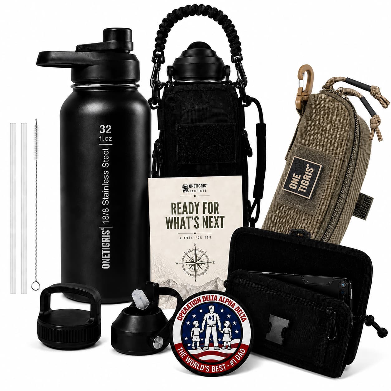 OneTigris Father's Day Tactical Gift Set A | 32oz Water Bottle + Phone Pouch + Glasses Case + Limited Edition Patch + Handwritten Card