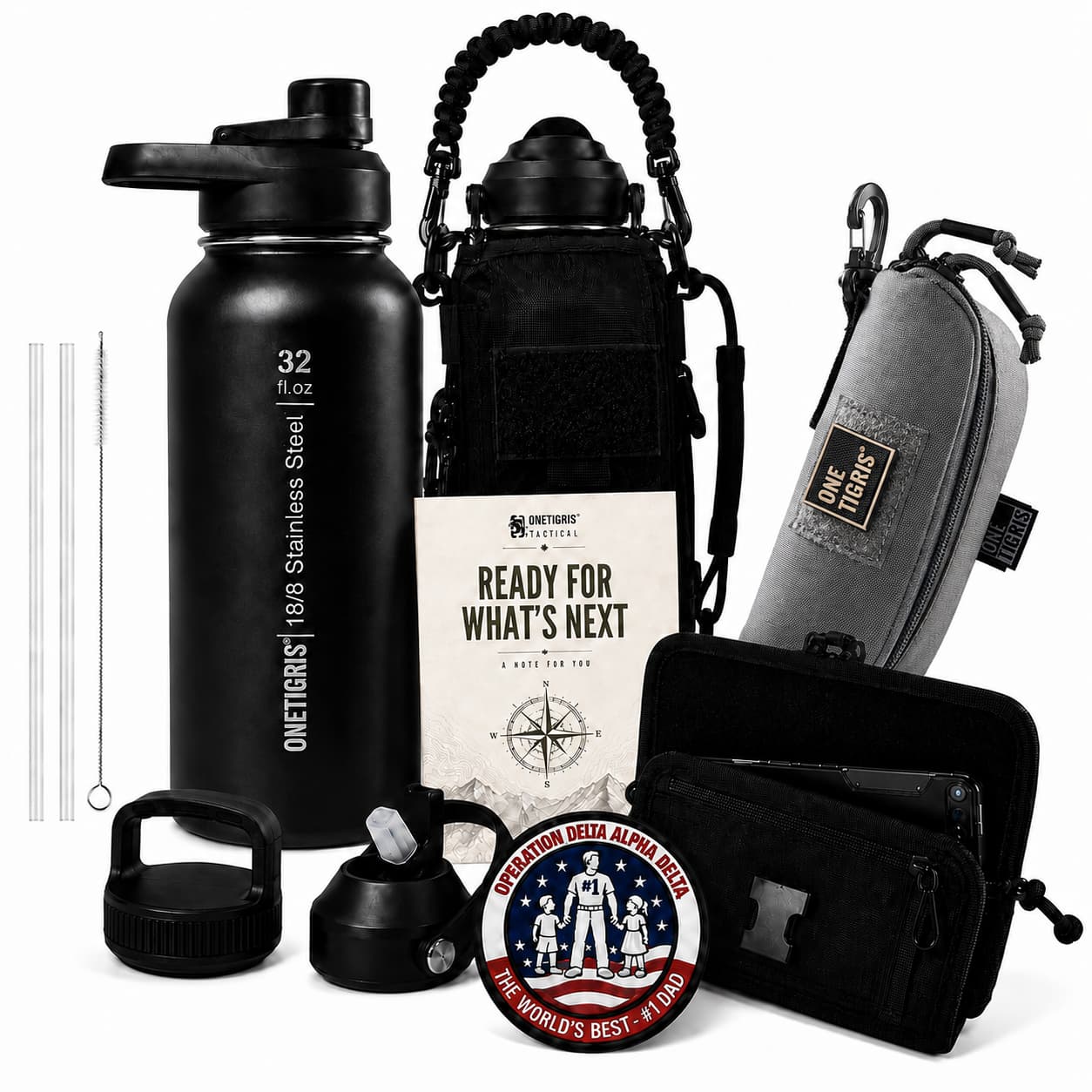 OneTigris Father's Day Tactical Gift Set A | 32oz Water Bottle + Phone Pouch + Glasses Case + Limited Edition Patch + Handwritten Card
