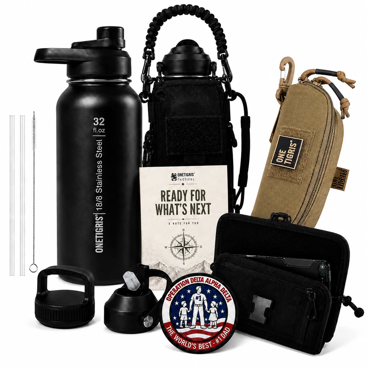 OneTigris Father's Day Tactical Gift Set A | 32oz Water Bottle + Phone Pouch + Glasses Case + Limited Edition Patch + Handwritten Card