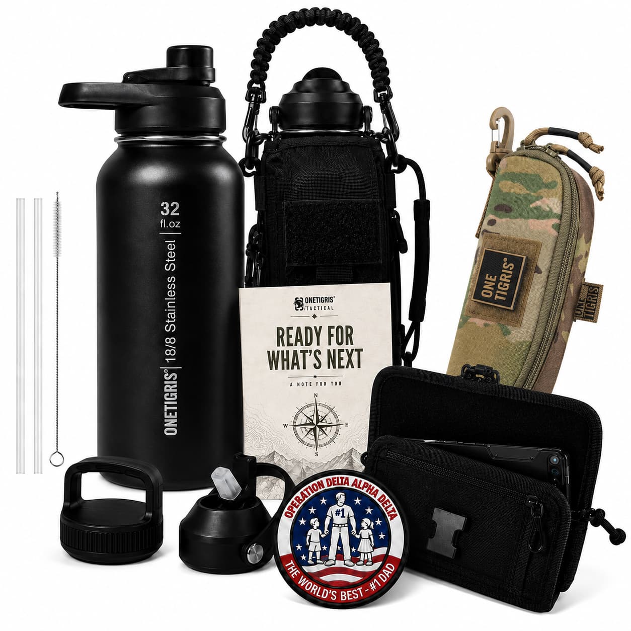 OneTigris Father's Day Tactical Gift Set A | 32oz Water Bottle + Phone Pouch + Glasses Case + Limited Edition Patch + Handwritten Card