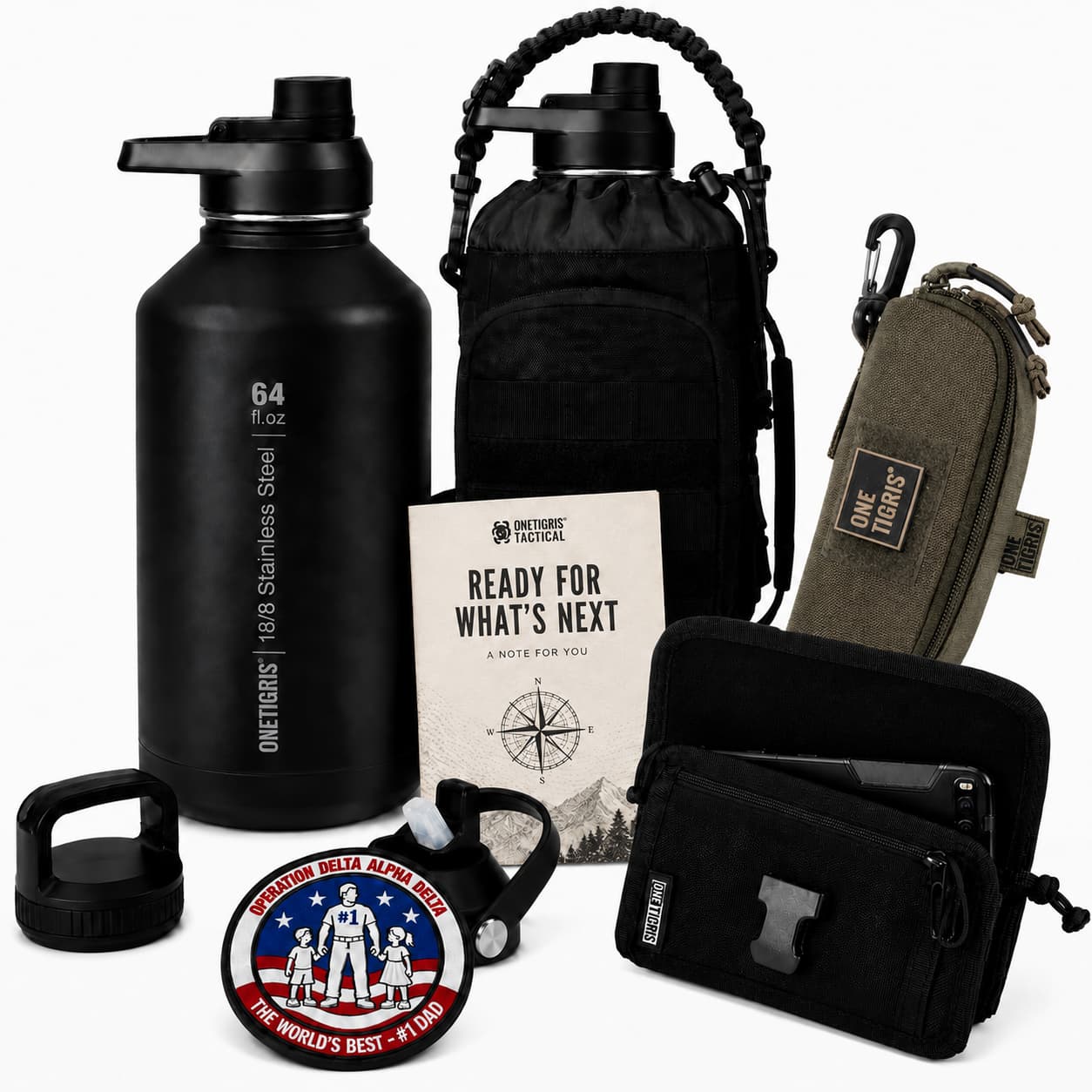 OneTigris Father's Day Tactical Gift Set B | 64oz Water Bottle + Phone Pouch + Glasses Case + Limited Edition Patch + Handwritten Card