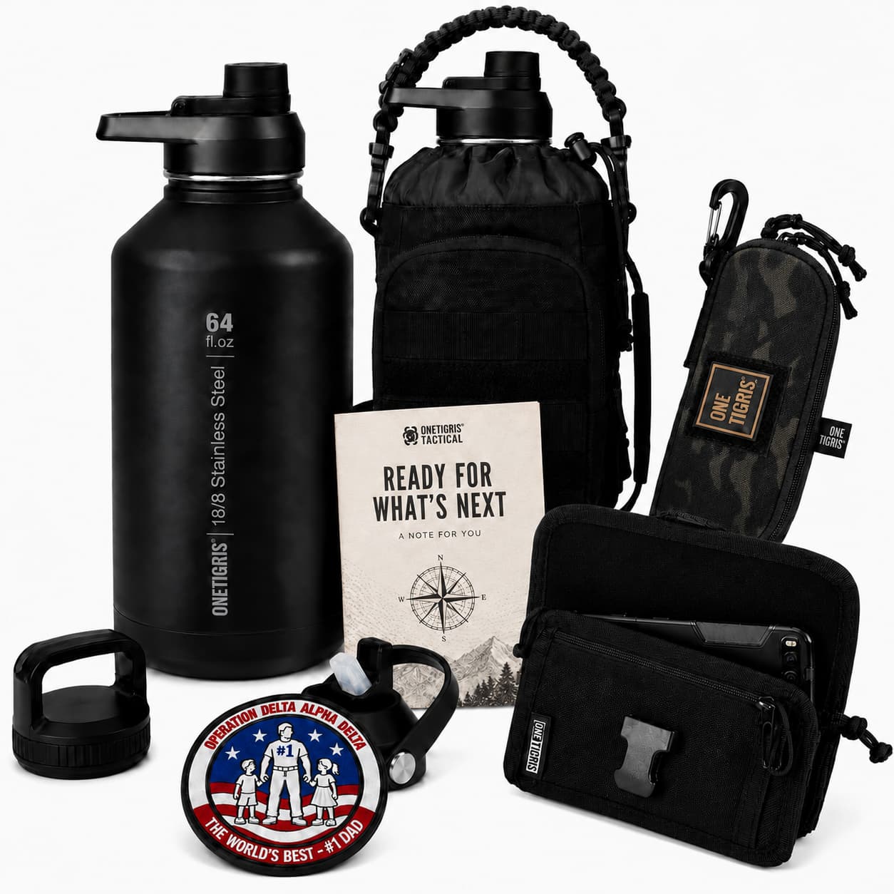 OneTigris Father's Day Tactical Gift Set B | 64oz Water Bottle + Phone Pouch + Glasses Case + Limited Edition Patch + Handwritten Card