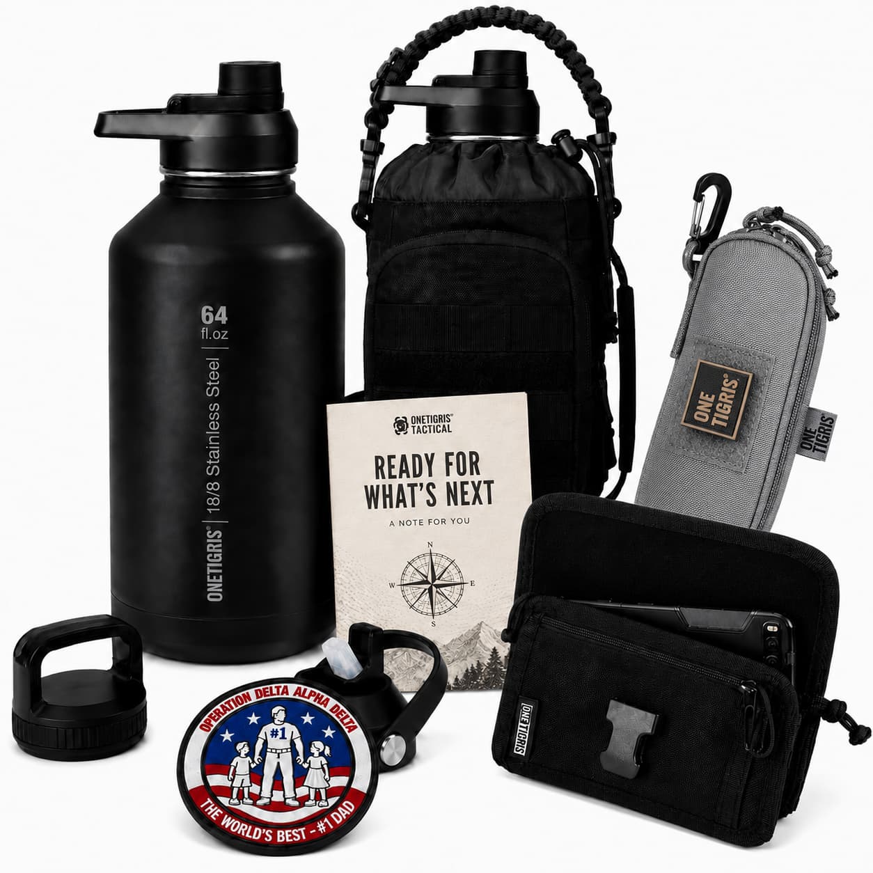 OneTigris Father's Day Tactical Gift Set B | 64oz Water Bottle + Phone Pouch + Glasses Case + Limited Edition Patch + Handwritten Card