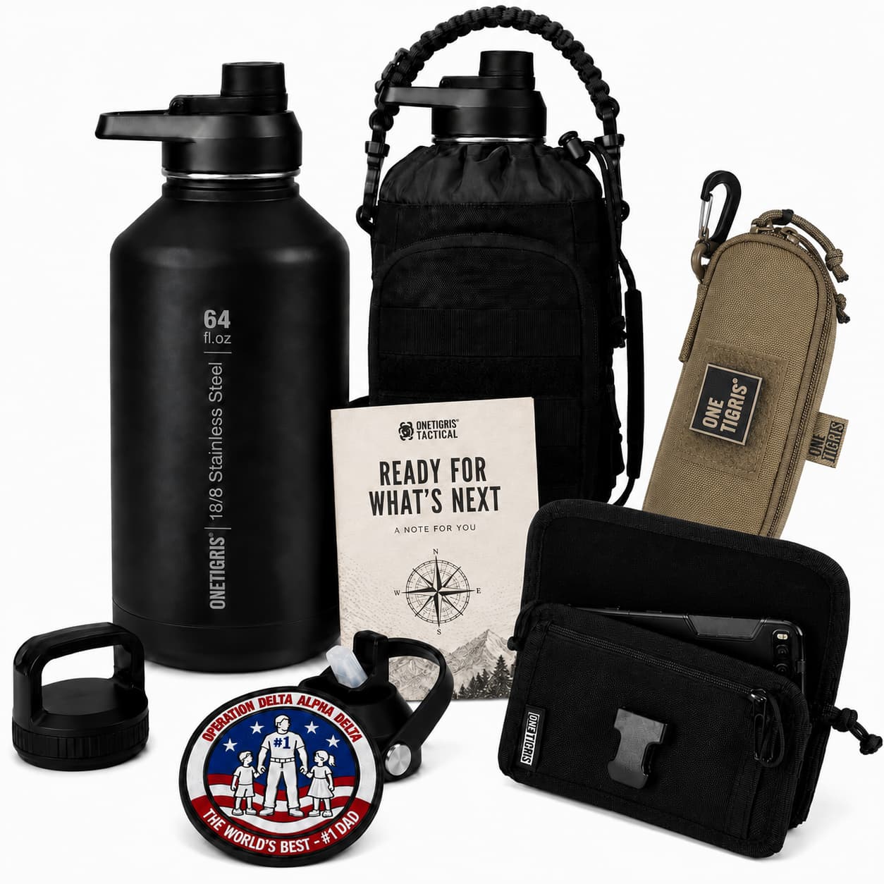 OneTigris Father's Day Tactical Gift Set B | 64oz Water Bottle + Phone Pouch + Glasses Case + Limited Edition Patch + Handwritten Card