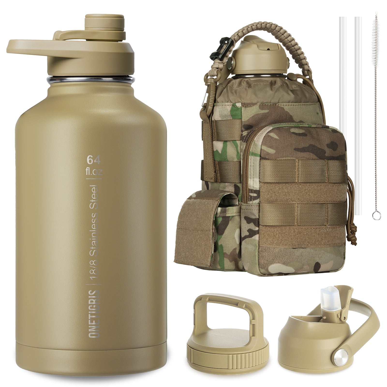 64oz Tactical Water Bottle Set | All-Day Carry with MOLLE Sleeve & 3-Lid System