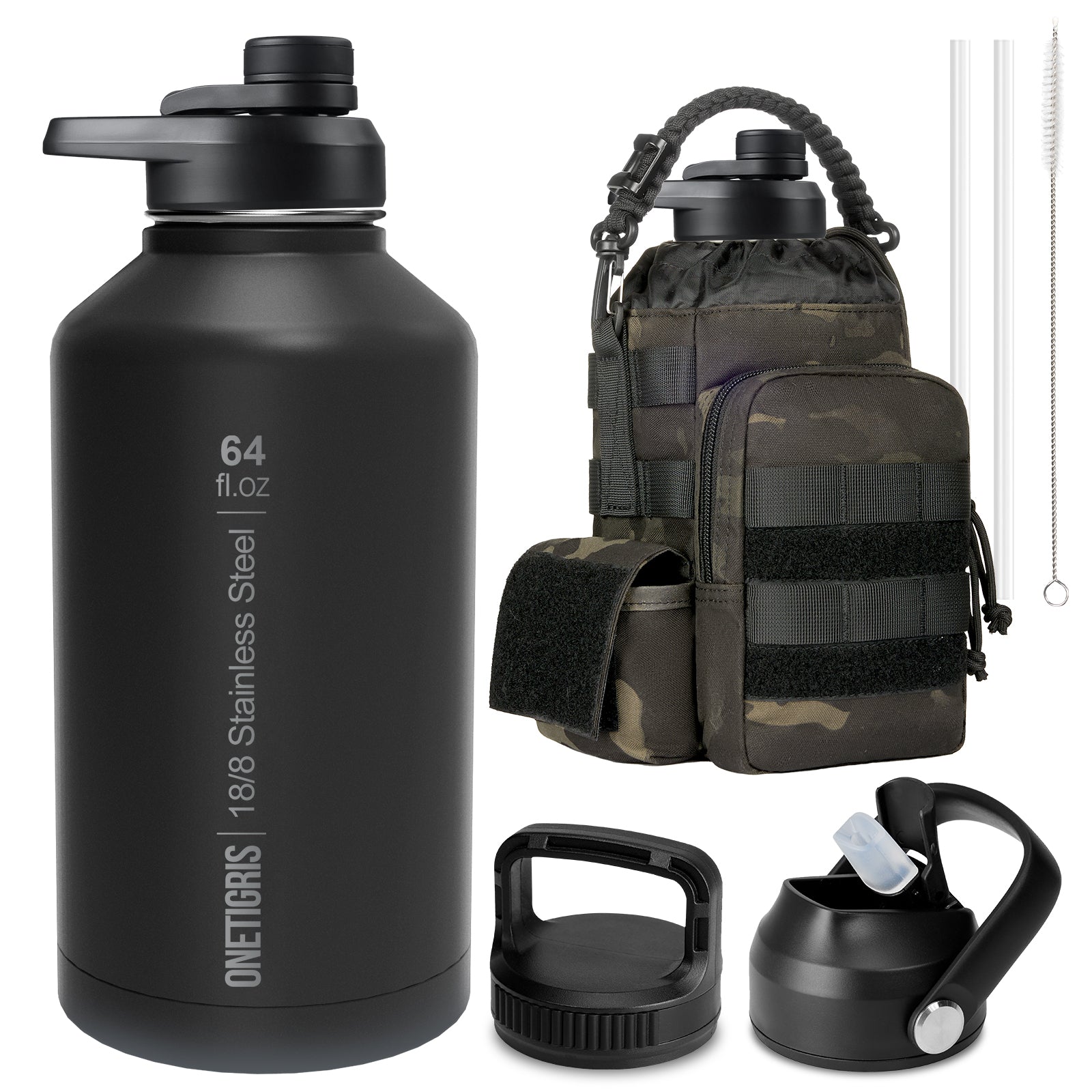 64oz Tactical Water Bottle Set | All-Day Carry with MOLLE Sleeve & 3-Lid System