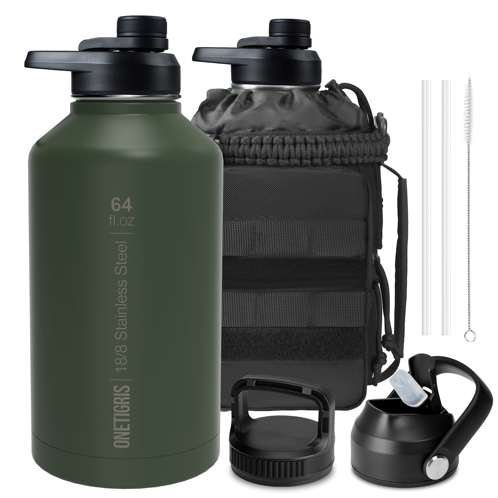 64oz Tactical Water Bottle Set | All-Day Carry with MOLLE Sleeve & 3-Lid System