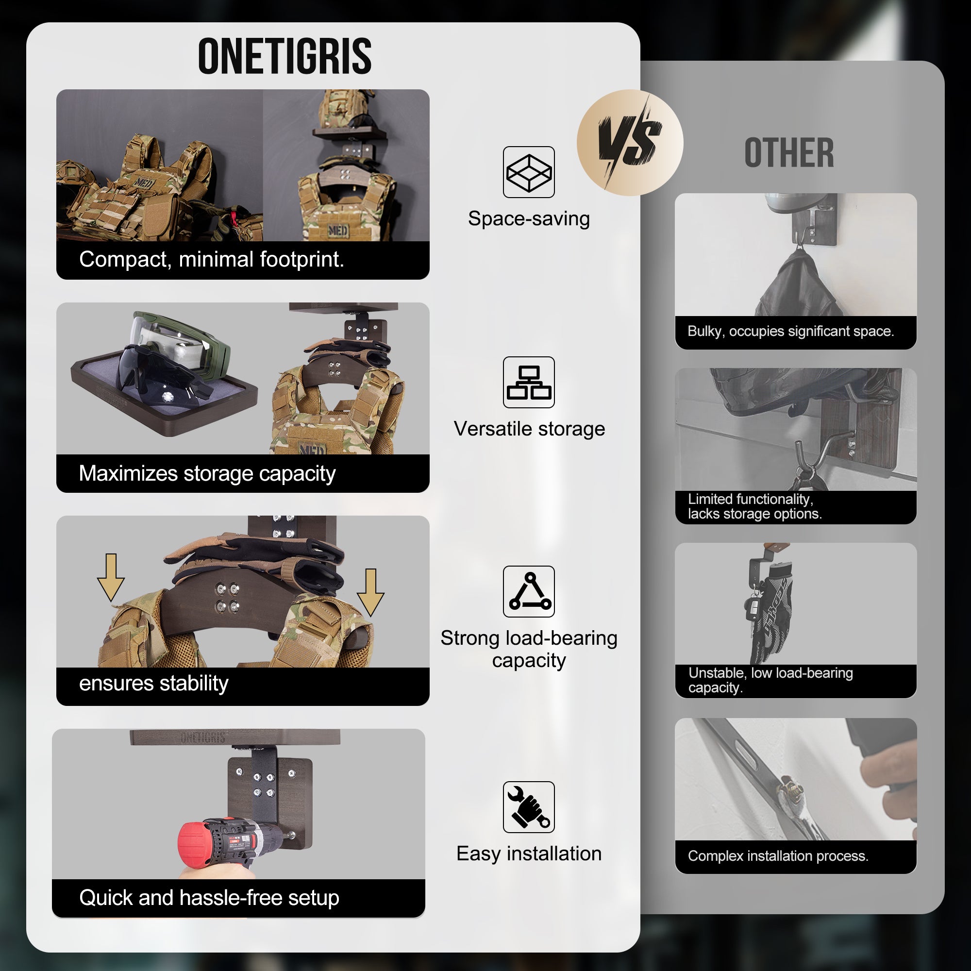 Tactical Gear Wall Mount 09 丨 With Square Tray & 24KG Load Capacity